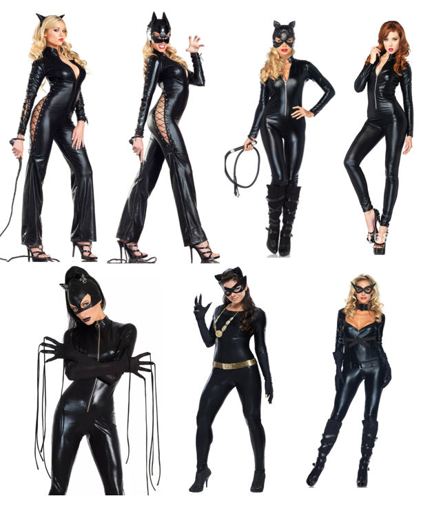 A group of women dressed in Maramalive™'s Women's Halloween Long Patent Leather One-piece Suit costumes.