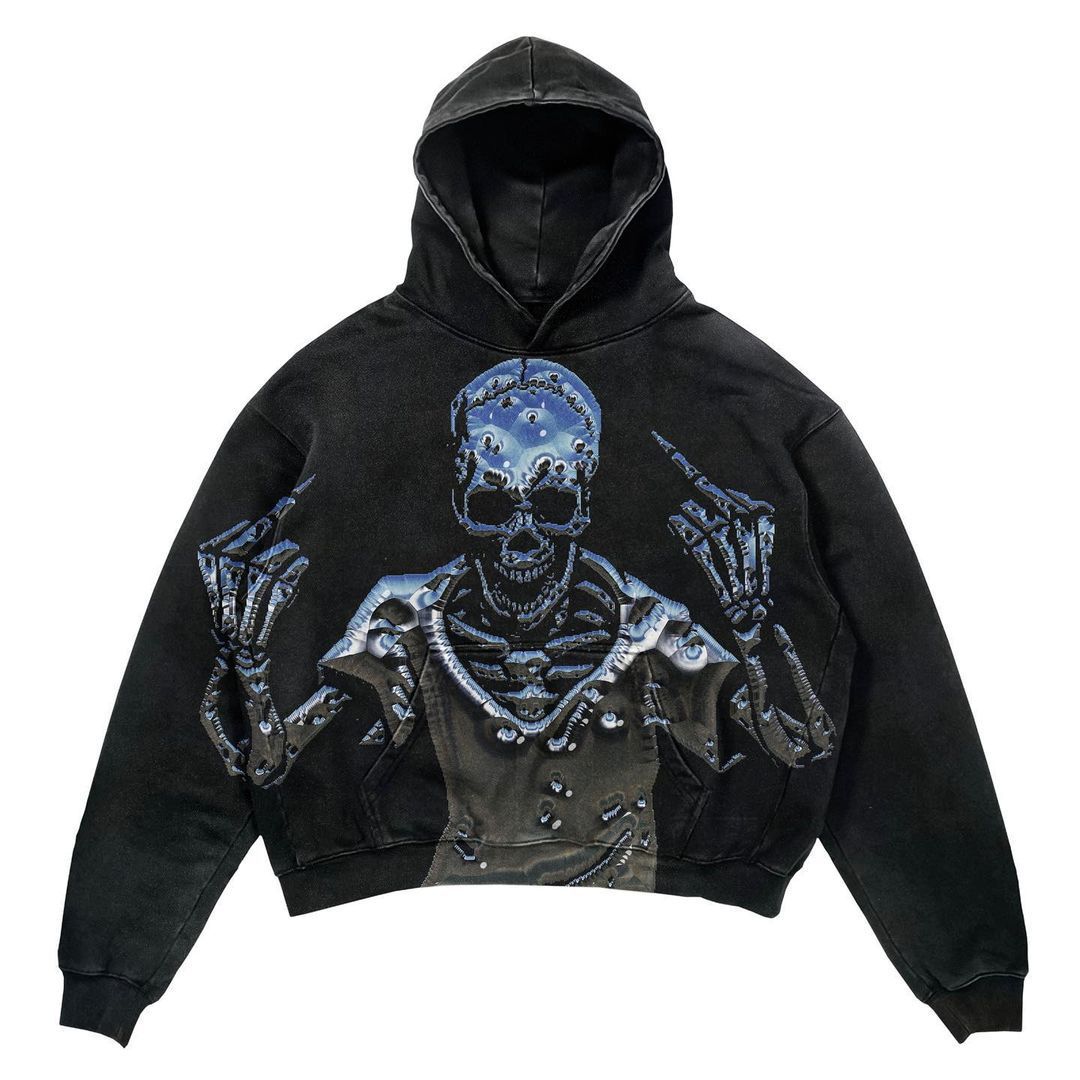 Maramalive™ Men's Punk Design Printed Hoodie in black, featuring a blue skeleton graphic extending both middle fingers, with a weathered, distressed look. Perfect for those who love Winter Punk Hoodies.