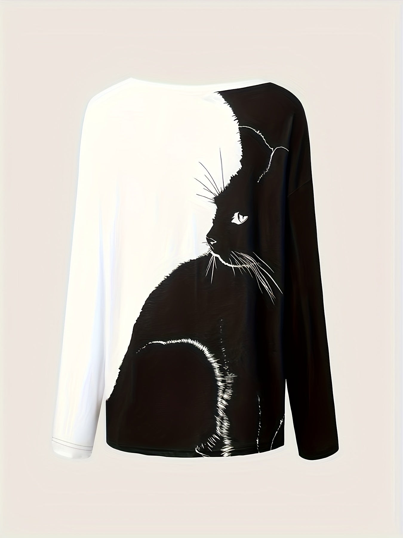 A casual and comfortable Cat Print Color Block T-shirt, Casual V Neck Long Sleeve T-shirt, Women's Clothing, boasting a striking black and white cat print design that spans seamlessly from the front to the back by Maramalive™.