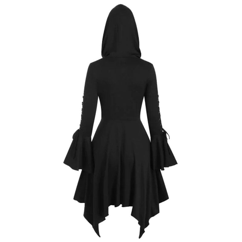 Maramalive™'s Vintage Female Gothic Hooded Dress Cloak Punk Witch Coat Lace Up Irregular Hem Lotus Sleeve.