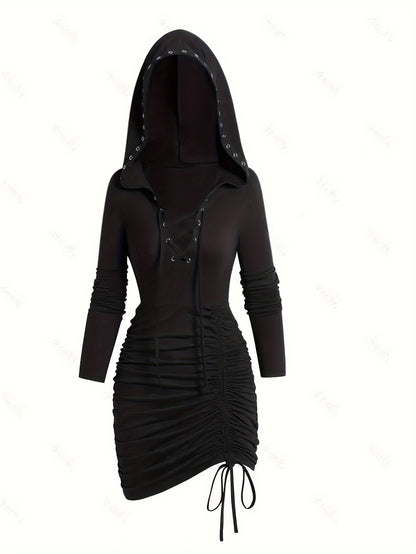 Maramalive™ Cross Tie Drawstring Ruched Hooded Tunics, Versatile Long Sleeve Solid Hooded Top, Women's Clothing. The fall/winter outfit features grommet detailing along the lace-up front and the hood. Perfect for cooler seasons, it combines style with warmth effortlessly.