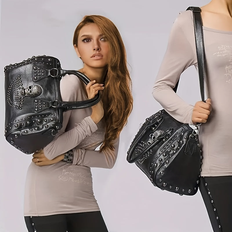 Gothic Style Skull Tote Bag, Steampunk Studded Decor Boston Bag, Trendy Top Handle Crossbody Bag