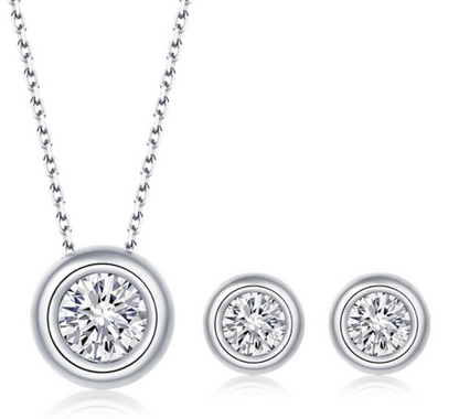 A Round Inlaid Moissanite Jewelry Set Must-have for a Fashionable Woman by Maramalive™, consisting of a silver necklace and earring set with diamonds.