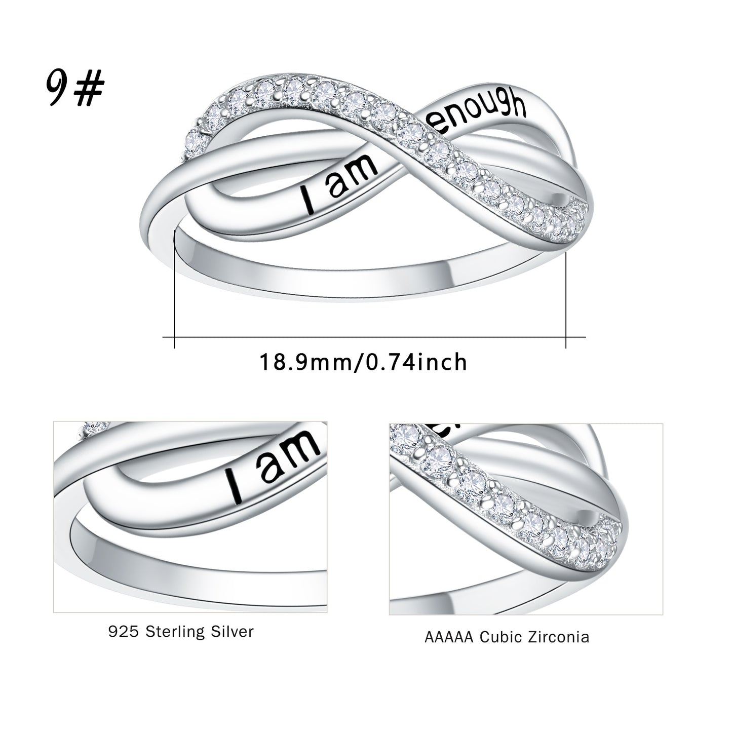 925 Sterling Silver I Am Enough Forever Love Infinity Adjustable Promise Band Ring