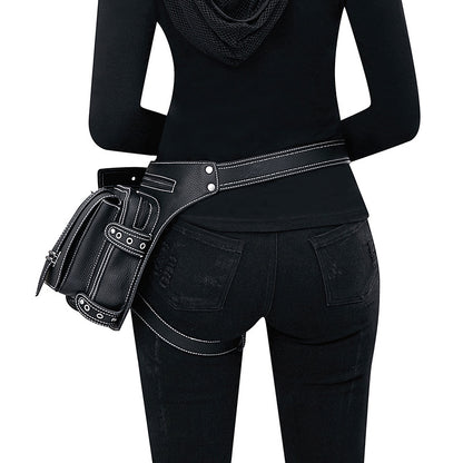 A woman is holding a black Maramalive™ Steampunk Retro Waist Bag Men's Outdoor.