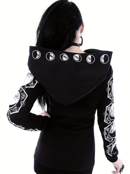 A person with long black hair is shown from behind, wearing a hooded black garment adorned with phases of the moon and intricate designs on the sleeves, embodying Gothic fashion with the Maramalive™ Black & White Moon Hoodie, Large Hooded Zip Up Front Pocket Sweater, Gothic Casual Tops, Women's Clothing.