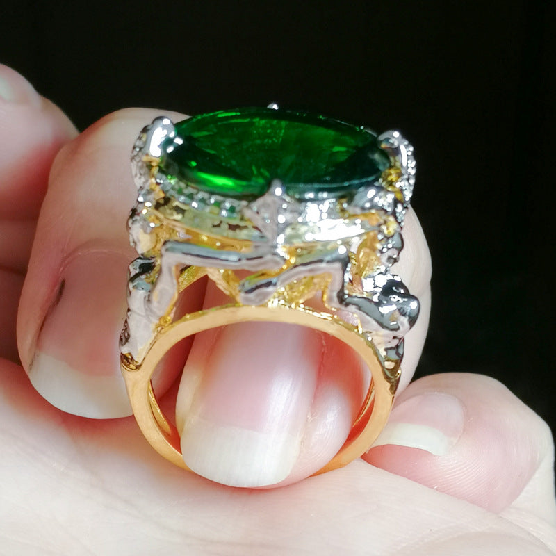A woman wearing a Maramalive™ Inlaid Mermaid Green Zircon Ring.