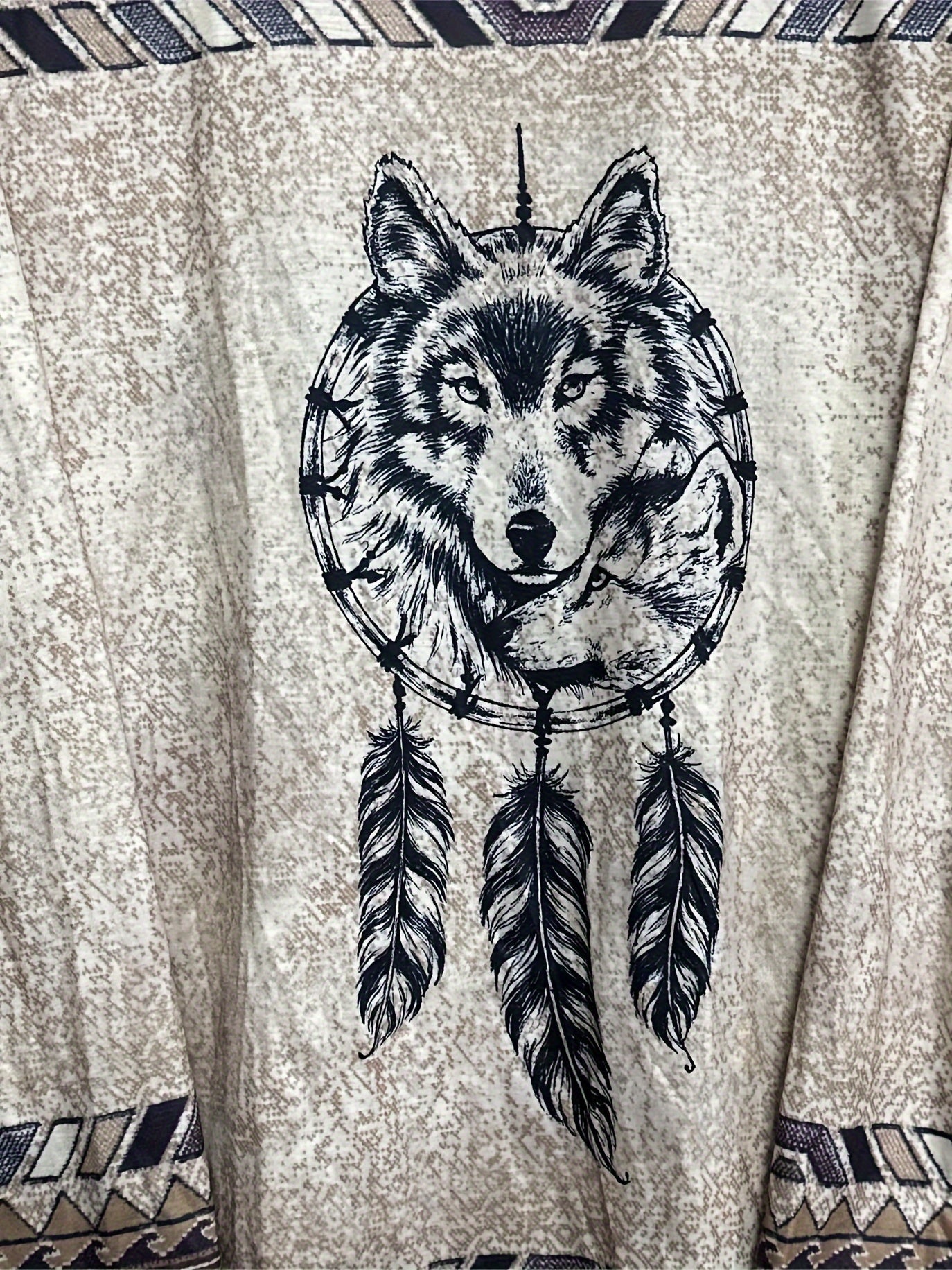 Western Wolf Print Crew Neck T-shirt, Vintage Long Sleeve Loose Top For Spring & Fall, Women's Clothing
