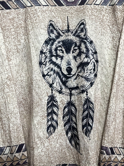 Western Wolf Print Crew Neck T-shirt, Vintage Long Sleeve Loose Top For Spring & Fall, Women's Clothing