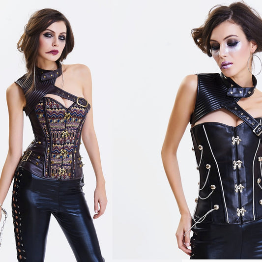 A woman in a Maramalive™ Steampunk Vintage Neck Sleeve Oblique Shoulder corset and leather pants.