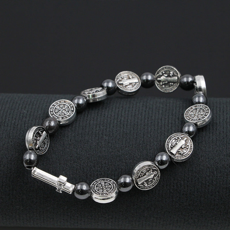 Religious Character Pattern Hematite Rosary Bracelet