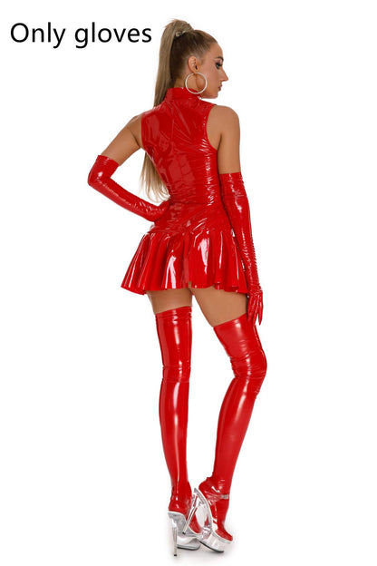 Patent PU Leather Mirror Lingerie Women Tight One Piece Dress
