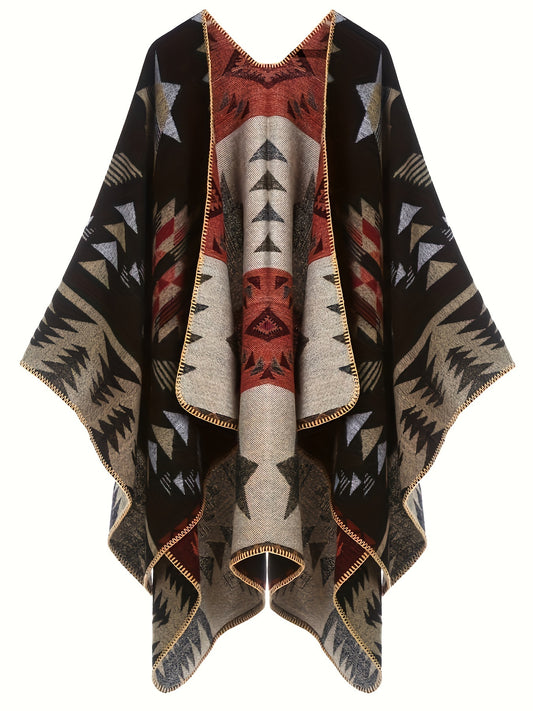 Plus Size Boho Coat, Women's Plus Aztec Print Batwing Sleeve Open Front Asymmetric Hem Shawl Cape Coat