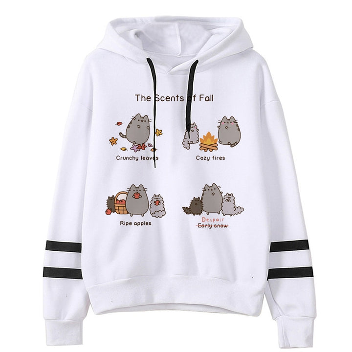 Maramalive™ Cozy Loose Fit Hoodies for Snug, Comfortable Warmth featuring cartoon cats representing fall scents: crunchy leaves, cozy fires, ripe apples, early snow. Made from soft fleece fabric with two black stripes on each sleeve. Cozy and comfortable for those crisp autumn days.