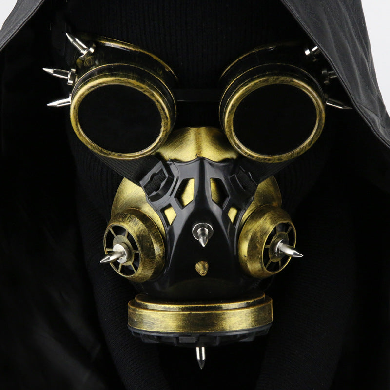 A man wearing a Maramalive™ Fashion Personality New Halloween Steampunk Mask and hoodie.