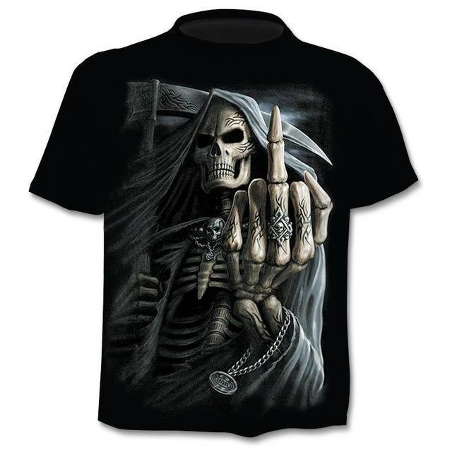 A Maramalive™ Punk Rock Rebellion T-shirt Men Punk Style Top Tees Skull Gothic with an image of a skeleton wearing a hat, perfect for Halloween costumes.