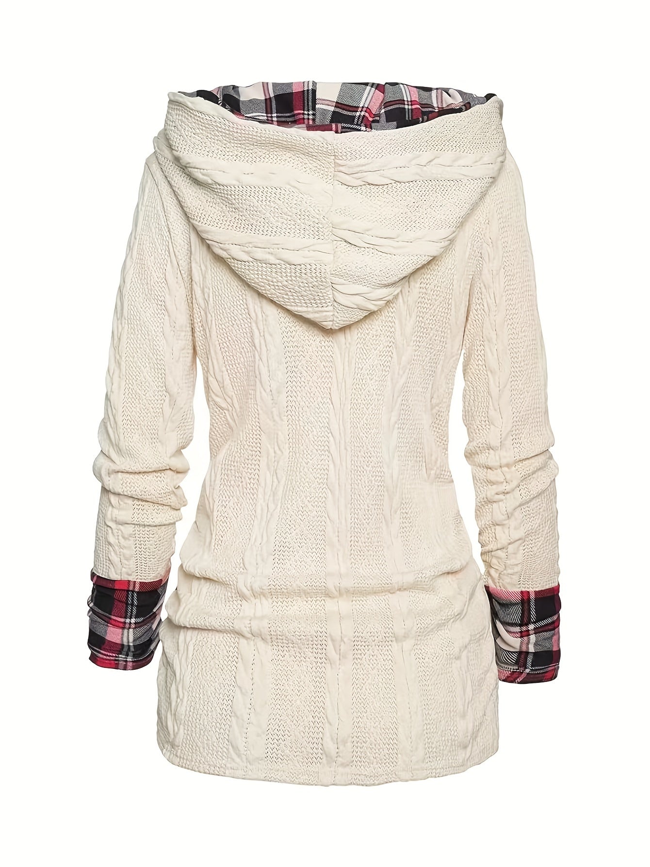 Back view of a Maramalive™ Plus Size Casual Top, Women's Plus Colorblock Plaid Print Cable Button Decor Long Sleeve Hoodie with folded plaid cuffs, a gingham-patterned hood lining, and casual style.