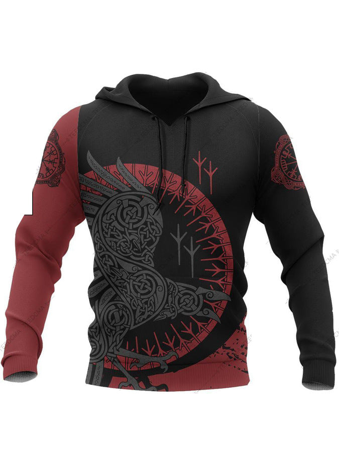 A Men's Hoodie 3D Digital Printing Hoodie with a black and maroon color scheme, made from durable polyester fabric, featuring a stylized bird design and intricate patterns by Maramalive™.