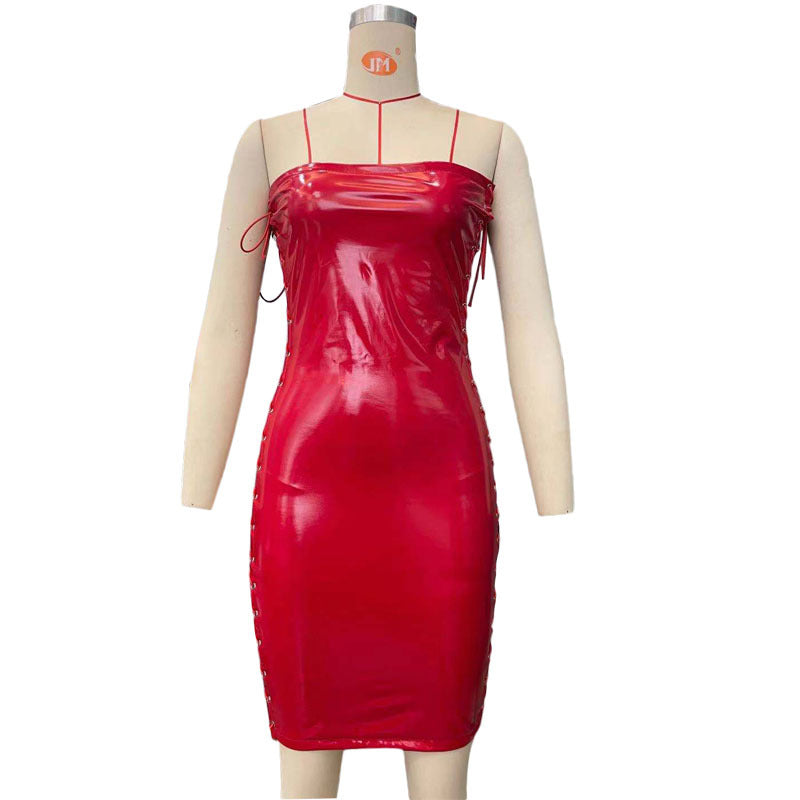 A woman in a red Maramalive™ Sheath Dress Corns Lace-up Leather Skirt.