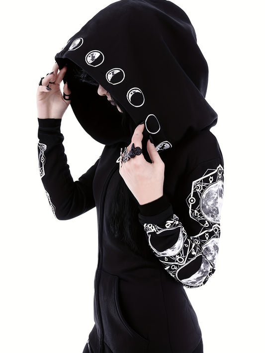 Black & White Moon Hoodie, Large Hooded Zip Up Front Pocket Sweater, Gothic Casual Tops, Women's Clothing
