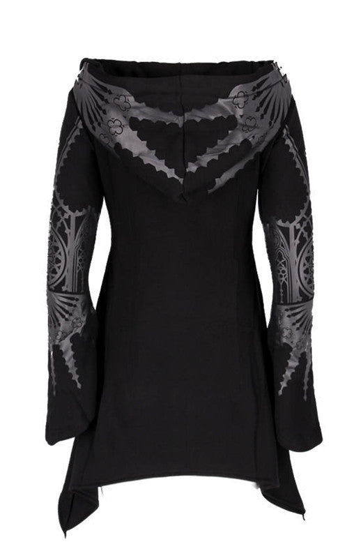 The Maramalive™ Halloween Cosplay Hoodie Women's Punk Black Long Hooded Printed Sweater is made from polyester fabric with intricate grey patterns on its back and flared sleeves. The hoodie features a high-low hemline and flared cuffs.