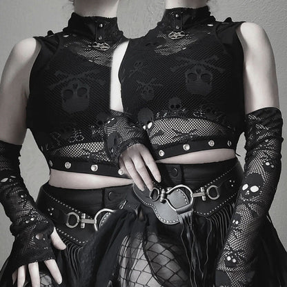 A woman wearing a Maramalive™ black Mesh Sleeve Lace Sheer Gothic Tank Top Two Piece and a pair of gothic leggings.