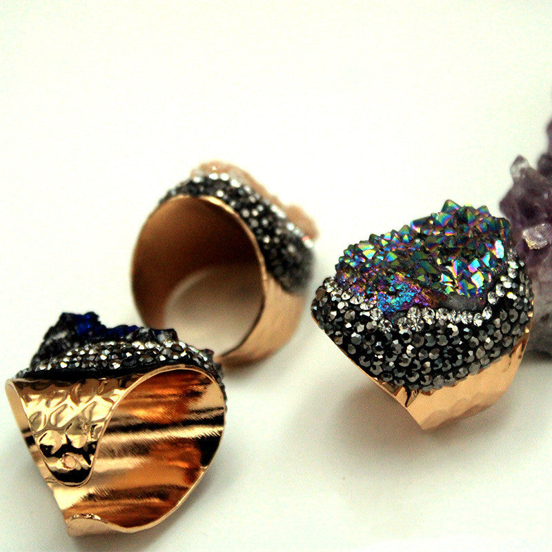 A group of Agate Crystal Rings with druzy stones and crystals, by Maramalive™.