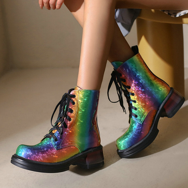 Bright Patent Leather Water Color Round Toe Thick Heel Boots Punk Style Iridescence Lace Up Autumn Women's Ankle Boots Women Short Boots Patent Leather Gradient Color Women Thick Bottom