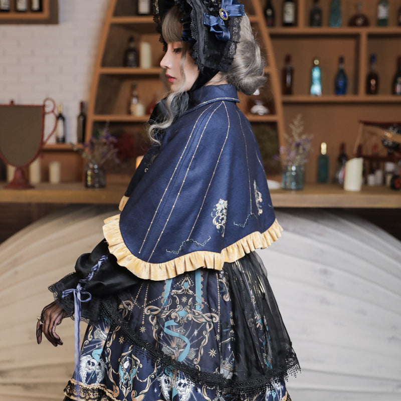 A girl in a Midnight Rhapsody Skirt - Retro Gothic Dark Lolita Skirt by Maramalive™ posing in front of a bar.
