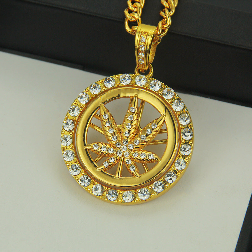 Hip Hop Necklace Pendant - Diamond Maple Leaf Turntable Gold