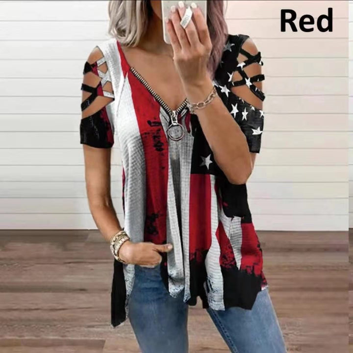 A street hipster takes a mirror selfie while wearing a Maramalive™ Printed Contrast Color Short-sleeved V-neck Women's T-shirt with an American flag pattern and cut-out sleeves. The text "Red" appears in the top right corner.