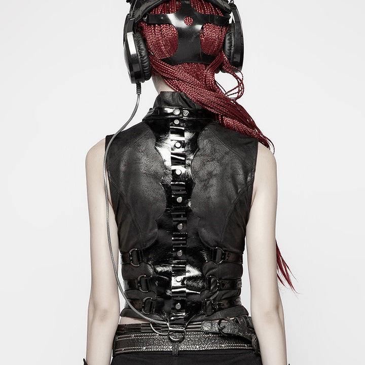 A woman in a Maramalive™ Steampunk Goth Leather Vest Stage Accessories outfit with a helmet on her head.