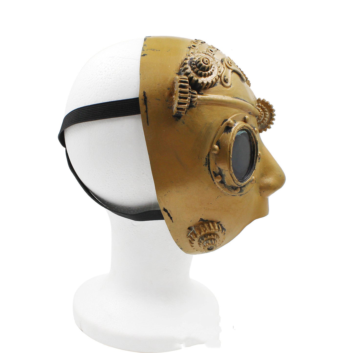 A man wearing a Maramalive™ Steampunk Half Face Props Anime Game mask with gears on it.