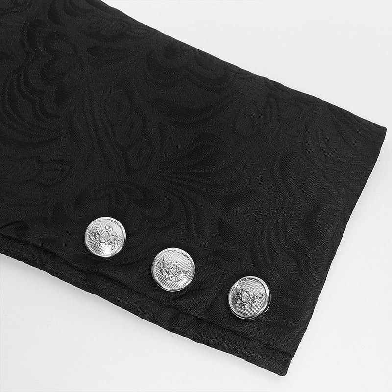 Close-up of a black textured fabric sleeve with three metallic decorative buttons arranged in a vertical line, showcasing the Men's Retro Gothic Style Swallowtail Mid-length Jacquard Blazer from Maramalive™, suitable for stage wear.