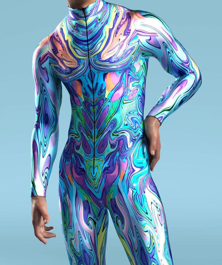 Person wearing a 3D Digital Printed Cosplay One-piece Costume from Maramalive™, made from a chemical fiber blend with swirling, psychedelic patterns, standing against a plain blue background.