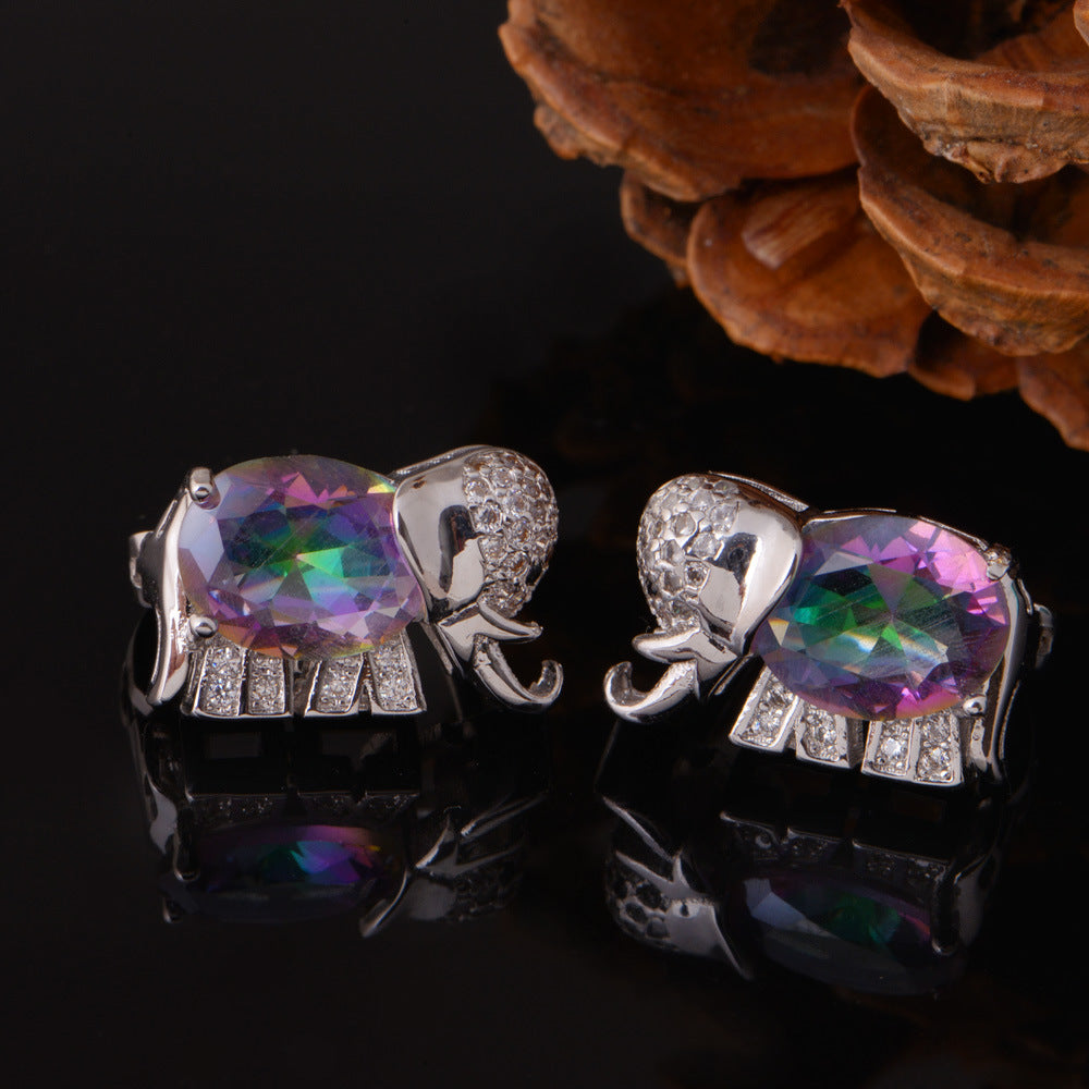 A pair of Colorful Elephant Gem Jewelry stud earrings with colored crystals by Maramalive™.