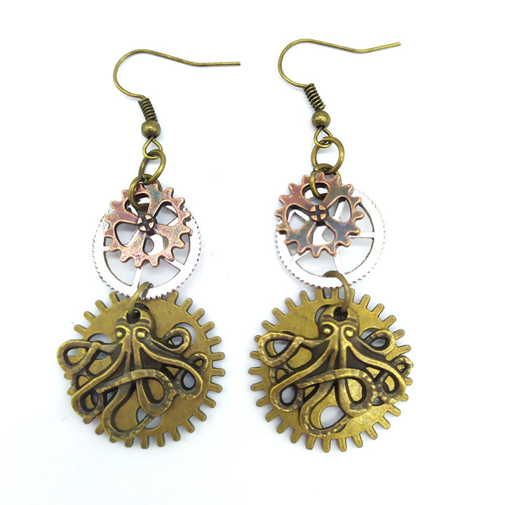 A group of four Maramalive™ Three-color Gear Octopus Steampunk Earrings.