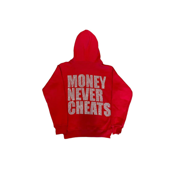 Maramalive™ Letter New Long-sleeve Zipper Hoodie Fashion Casual Punk Coat Sweatshirt with a hood and long sleeves, made from soft polyester, displaying the phrase "MONEY NEVER CHEATS" in large, bold, glittery text on the back—a perfect addition to any street hipster wardrobe.