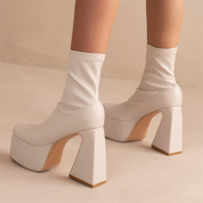 Thick Sole Shaped Heel Sleeve Low Top Square Toe Women's Boots