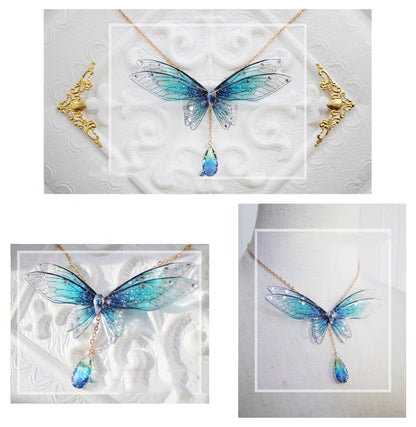 A girl wearing an Elegant Fairy Ombre Elf Wings Necklace by Maramalive™ with lace and pearls.