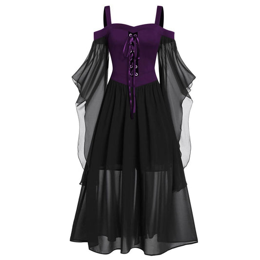 Bodice Dress, Bat Sleeves, Lace Up Front Straps Purple and Black
