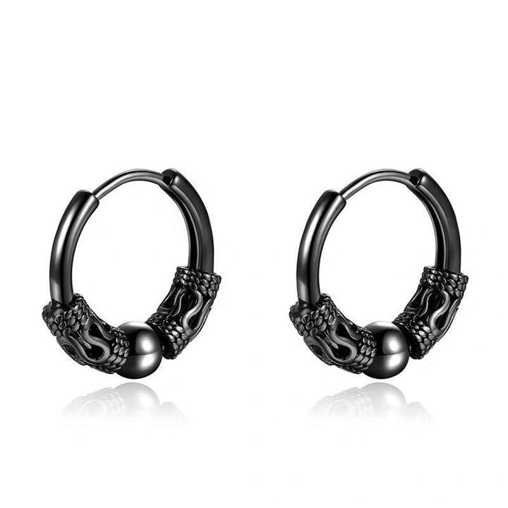 A pair of Dragon Totem Hoop Earrings - Men by Maramalive™ with skulls on them.