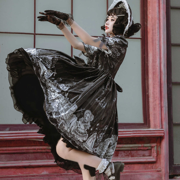 A girl wearing a Maramalive™ Gothic Short Sleeve Dress - Dark Underworld Style Dress.