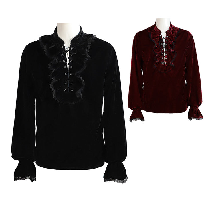 Two mannequins with Maramalive™ Medieval Gothic Style Loose Dress Velvet Material Vintage Long Sleeve Shirt Men in black and gold.