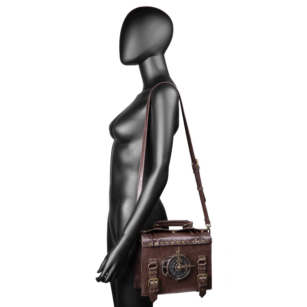 A Maramalive™ New Style Women's Bag Steampunk Industrial Retro Style Women's One-shoulder Diagonal Bag with a clock on it.