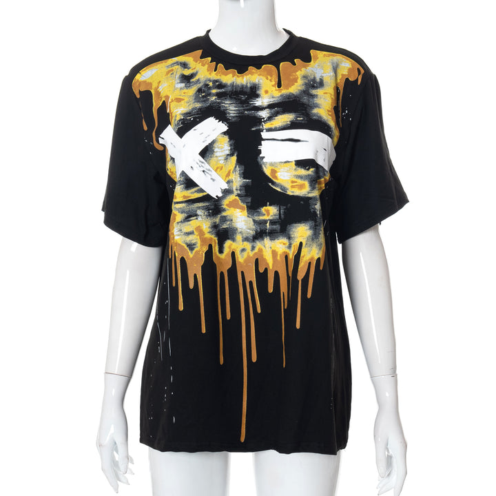 A black Chic Oversized Short Sleeve Tee for Women with a dripping yellow and white paint design featuring the letters "XO" on the front, displayed on a mannequin by Maramalive™.