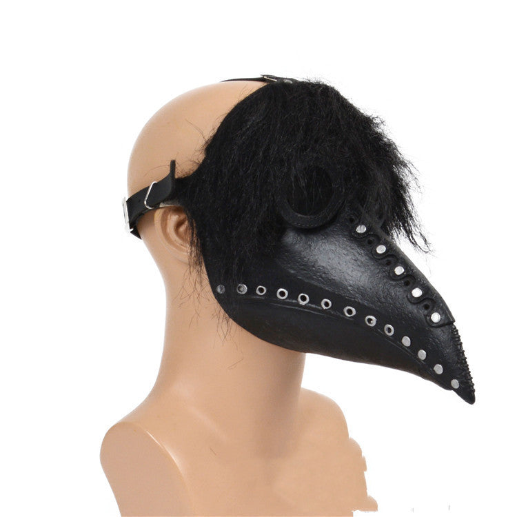 A Maramalive™ Halloween New Product Steampunk Plague Doctor Beak Mask with black color, red eyes and spikes.