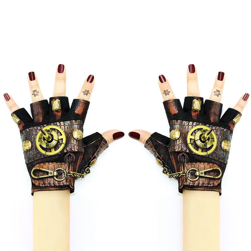 A pair of Maramalive™ Steampunk Rock Locomotive Half Finger Gloves Outdoor with a steampunk design.