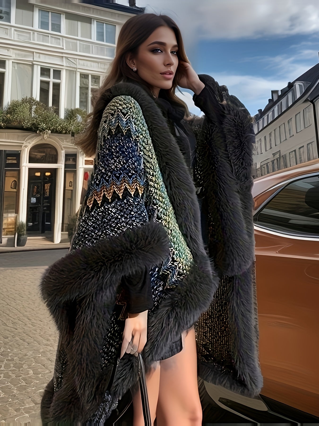 A woman stands outdoors wearing the Maramalive™ Plus Size Fuzzy Trim Cape Cardigan, Casual Open Front Shawl Outwear, Women's Plus Size Clothing which is elegant and colorful with a fur trim and geometric pattern. She is beside a vehicle and in front of a building on a cobblestone street, embodying the chic style of the Fall/Winter season.