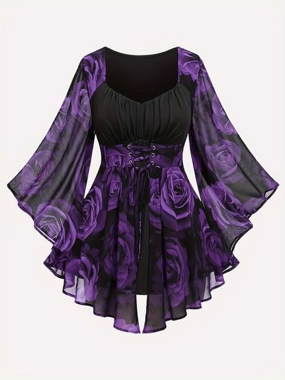 A Maramalive™ Plus Size Rose Print T-Shirt, Valentine's Day V Neck Long Sleeve T-Shirt, Women's Plus Size Clothing with an empire waist and long, flared sleeves in sheer fabric, featuring a black and purple floral pattern and a V-neck design.